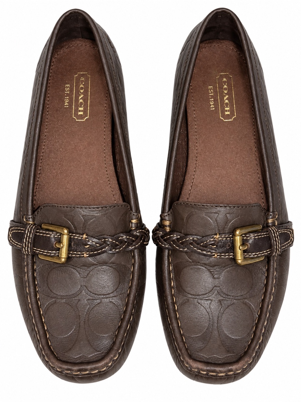 Coach Women’s Brown Leather Signature Moccasin Loafers with Buckle Detail